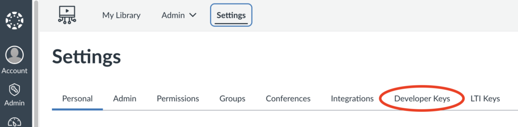 A screenshot of the Canvas Studio settings with the Developer Keys header encircled.